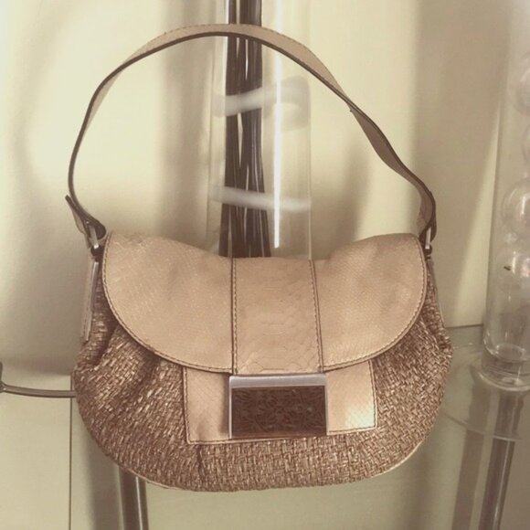 Calvin Klein Vintage Raffia Snake Leather Hobo Shoulder Bag Wood Buckle Y2K Tan - Picture 1 of 16